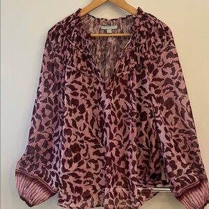 Smocked Yoke Printed Long-Sleeve Blouse in Pink & Burgundy